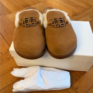 Brown Suede Jonathan Simkhai Mules with Fur Trim